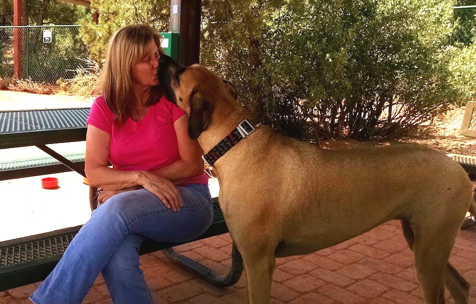 Woman kissing her dog.