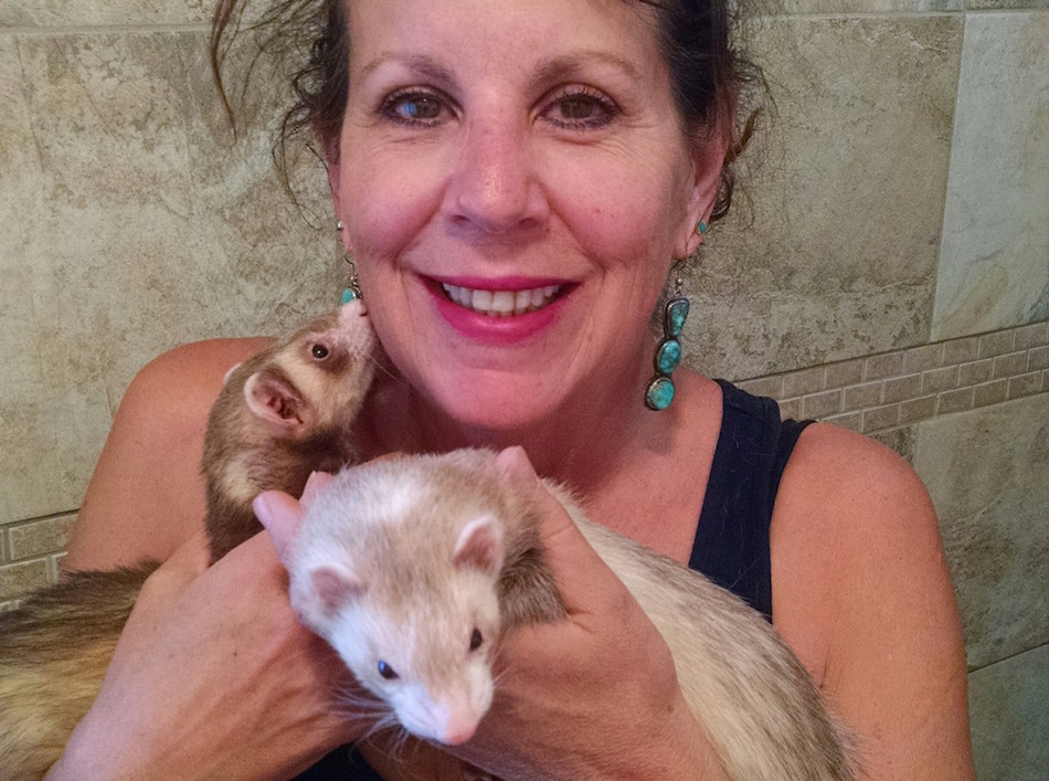 Woman holding her two ferrets